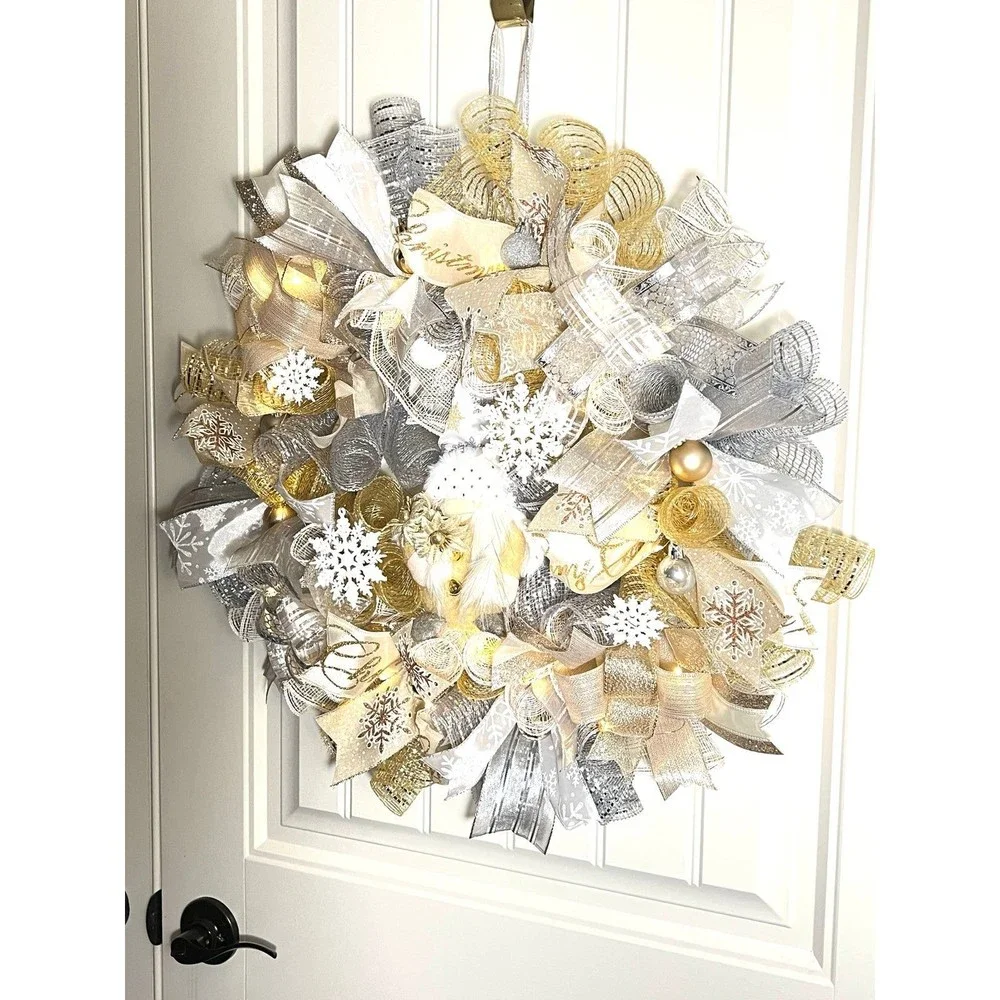 Handmade Christmas Gnome Holiday Ribbon Door Wreath 22 ins W62